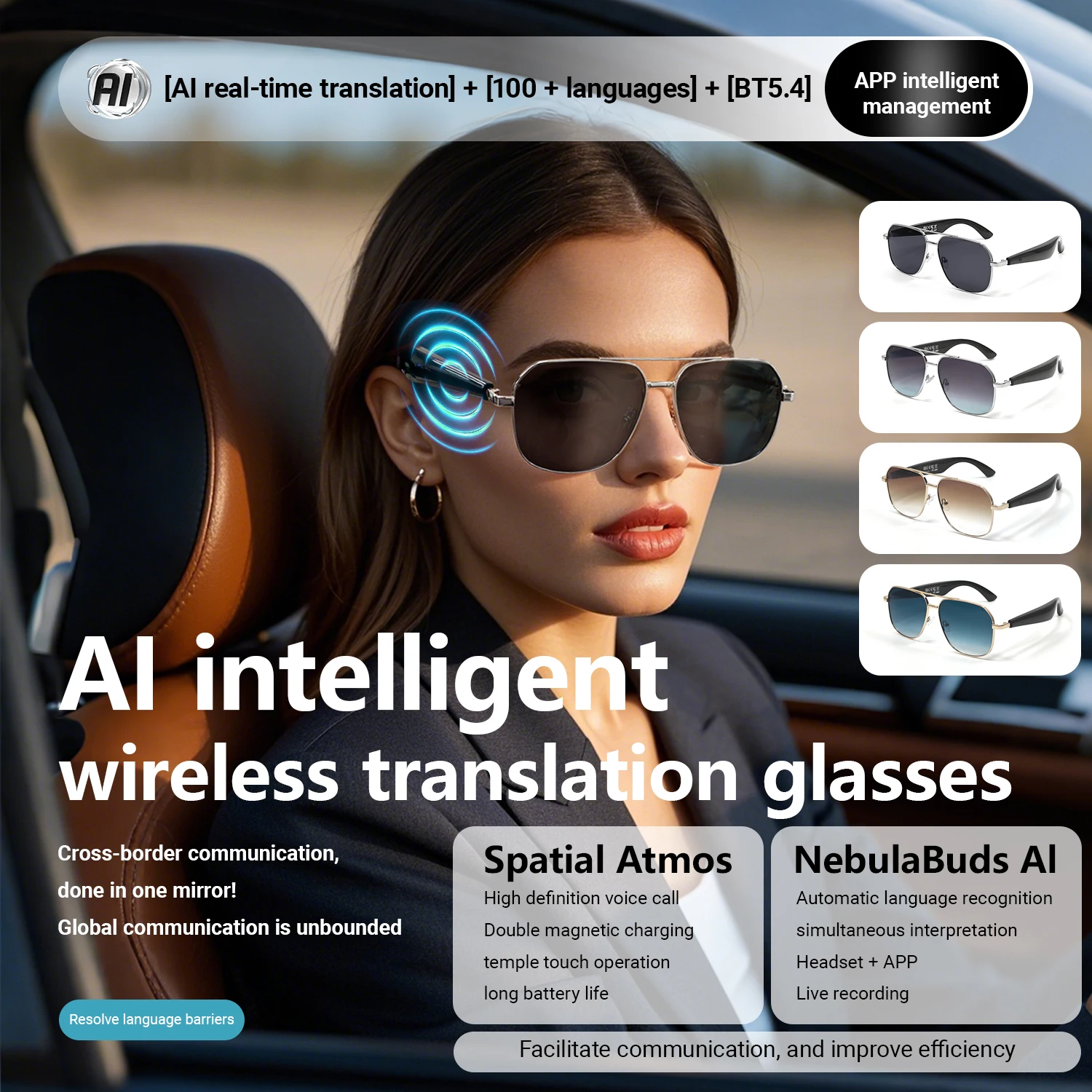

High-tech AI Translation Bluetooth Glasses with Over 100Languages Real time Translation for Listening MusicCalling Smart Glasses