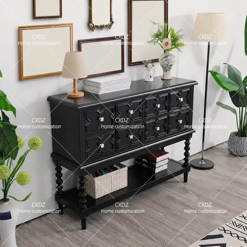Black Solid Wood Porch Cabinet Retro Living Room Aisle Antique Chest Partition Screen Wall Storage Table