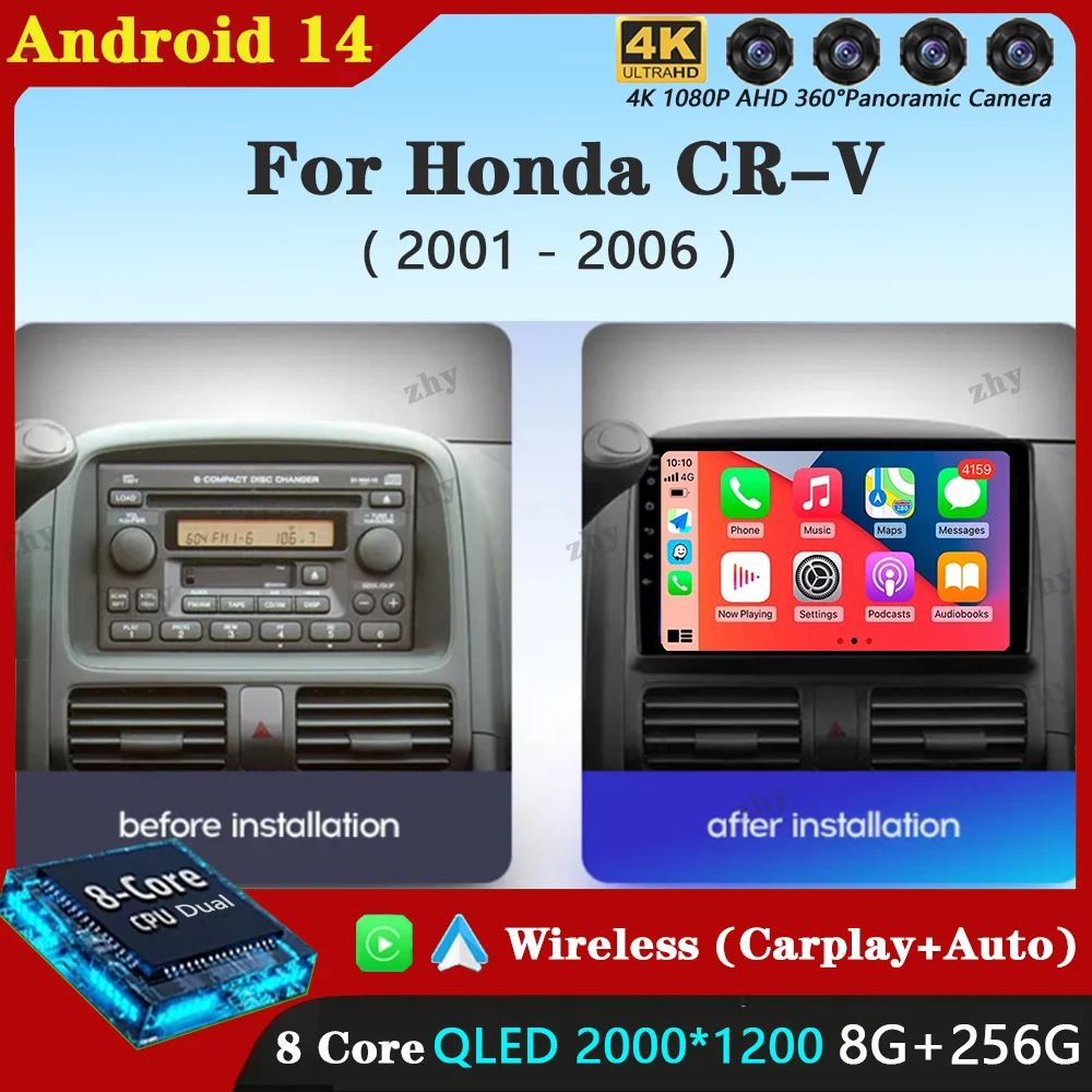 

Автоматический мультимедийный видеоплеер Android 14 для Honda CR-V CRV 2 2001-2006 Carplay GPS 2 Din 360 Камера АВТОМОБИЛЬНО Радио Вентилятор охлаждения QLED