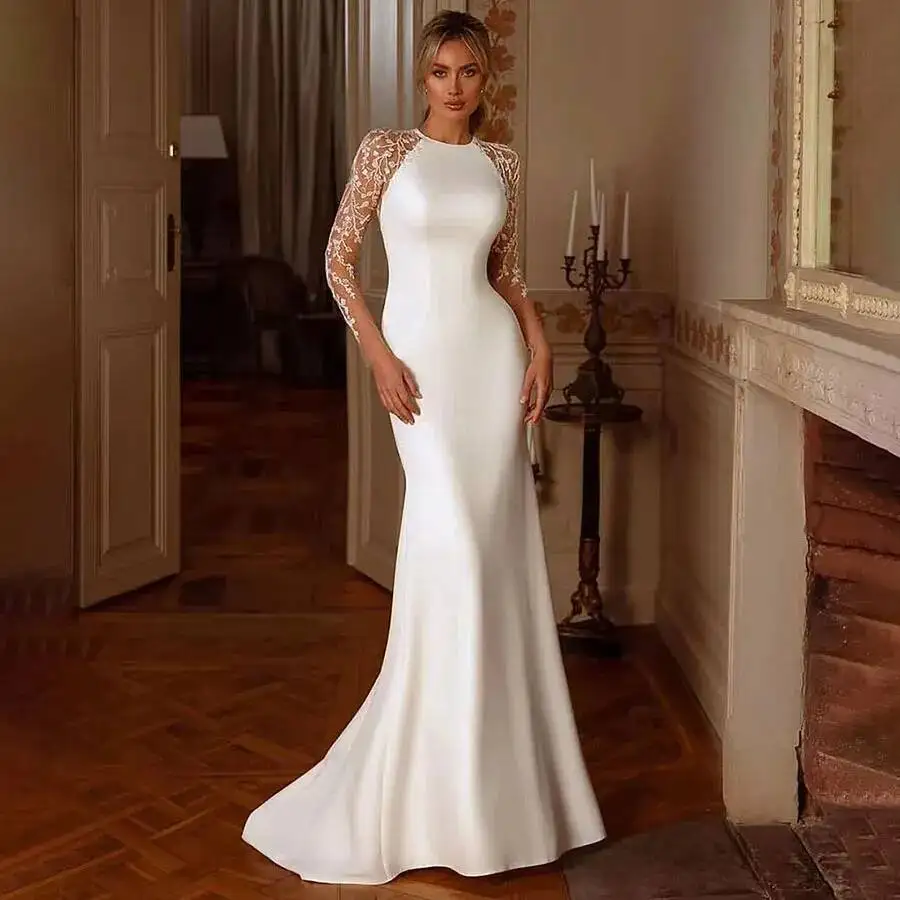 

Элегантное свадебное платье русалки для женщин с длинными рукавами и кружевной аппликацией с иллюзией сзади и круглым вырезом, креповое свадебное платье со шлейфом, Vestidos De Noiva