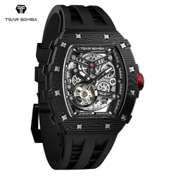 TSAR BOMBA Carbon Fiber Mechanical Watch for Men Waterproof Skeleton Mens Watches Top Brand Luxury Automatic Wristwatches