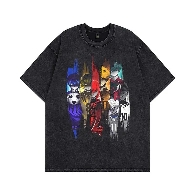 

Blue Lock 2026 Summer Vintage Washed Cotton T Shirt Oversized Streetwear Main Characters Soccer Vertical Stripe Graphic Tee