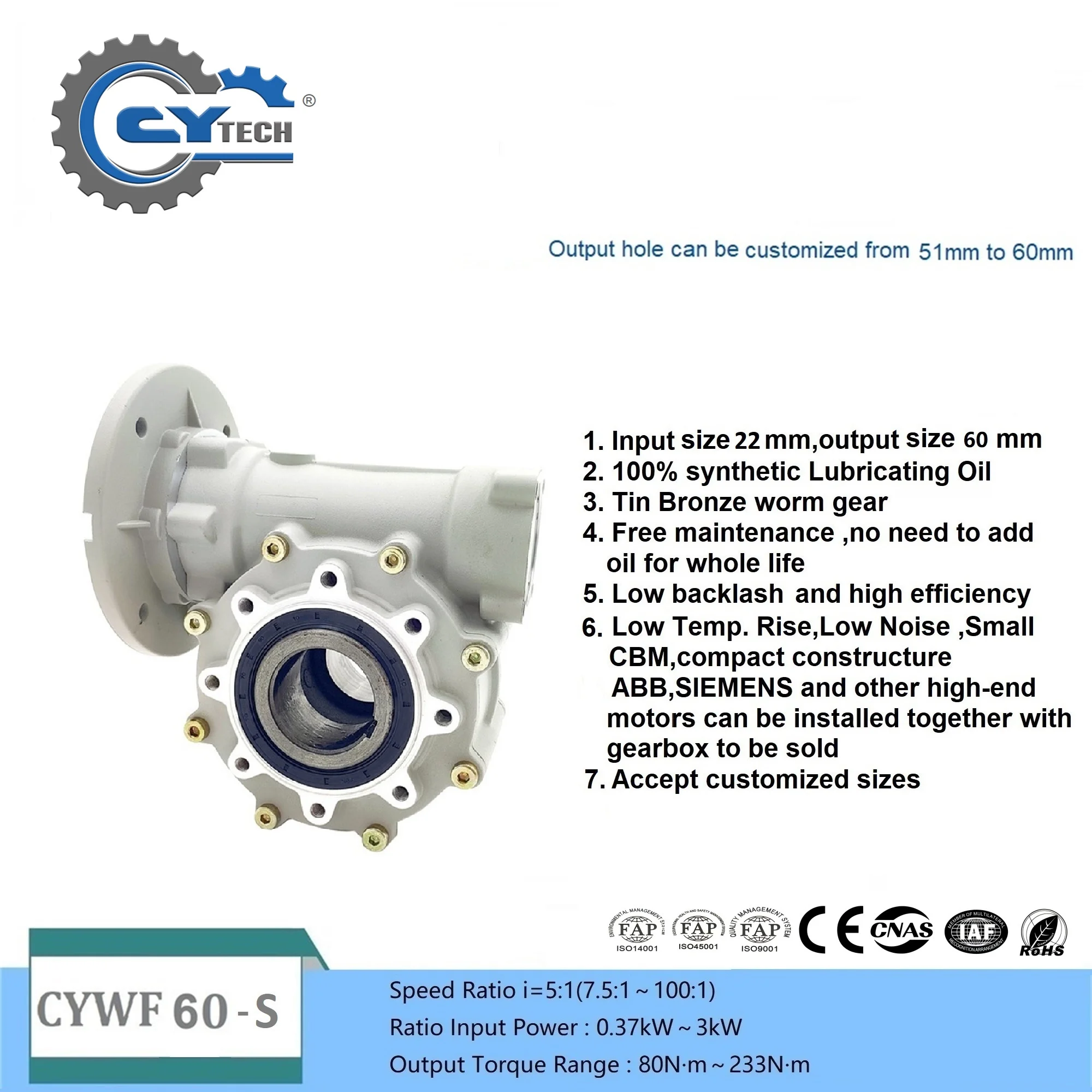 CHENYUE Big output Bore Worm Gearbox CYWF60-S Input 22 Output 60mm Ratio 5:1/100:1 Torque 80-233N.m Engine 3Kw Free Maintenance