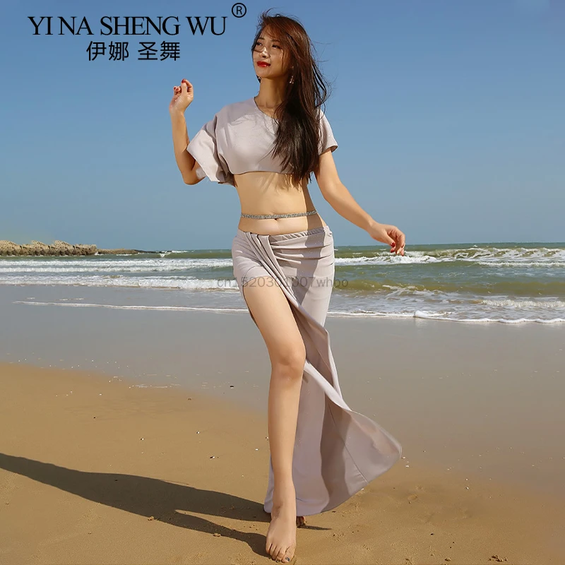 Offre spéciale nouveau col en v à manches droites danse du ventre 2 pièces ensemble femmes vêtements de danse du ventre jupe imprimée Costume de danse du ventre jupe supérieure