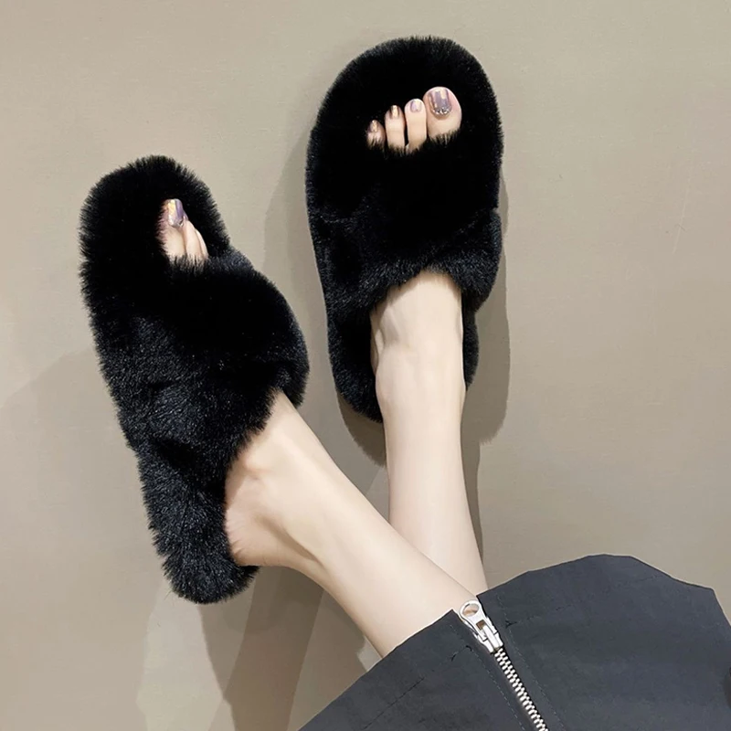 Nuove pantofole pelose per la casa donna inverno donna croce soffice pelliccia casa scivolo piatto scarpe da pavimento per interni infradito da donna