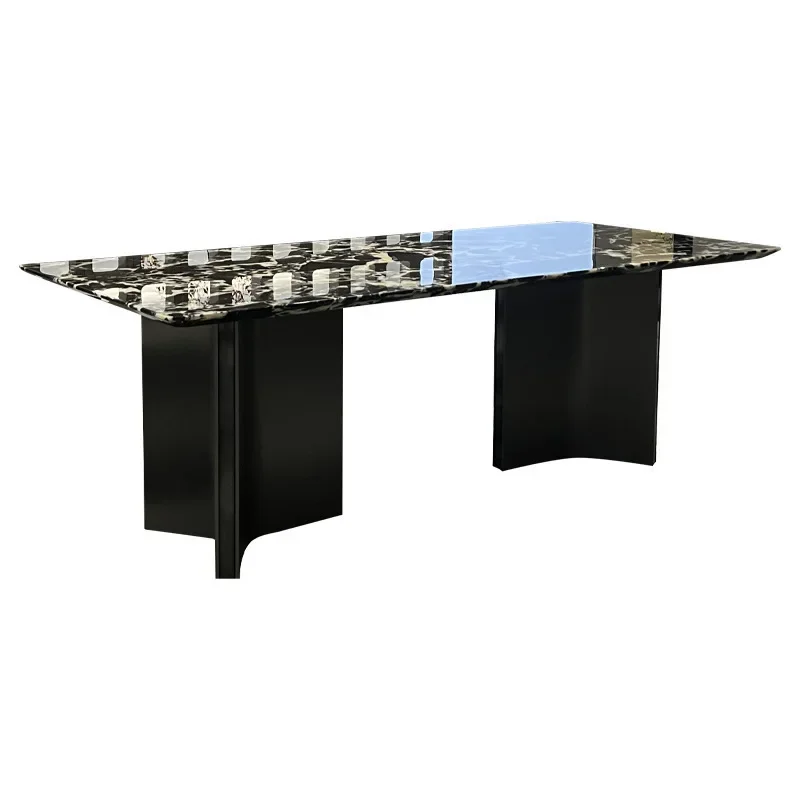 Modern simple stainless steel natural marble luxury stone dining table for home use, a set of high-end small apartment dining