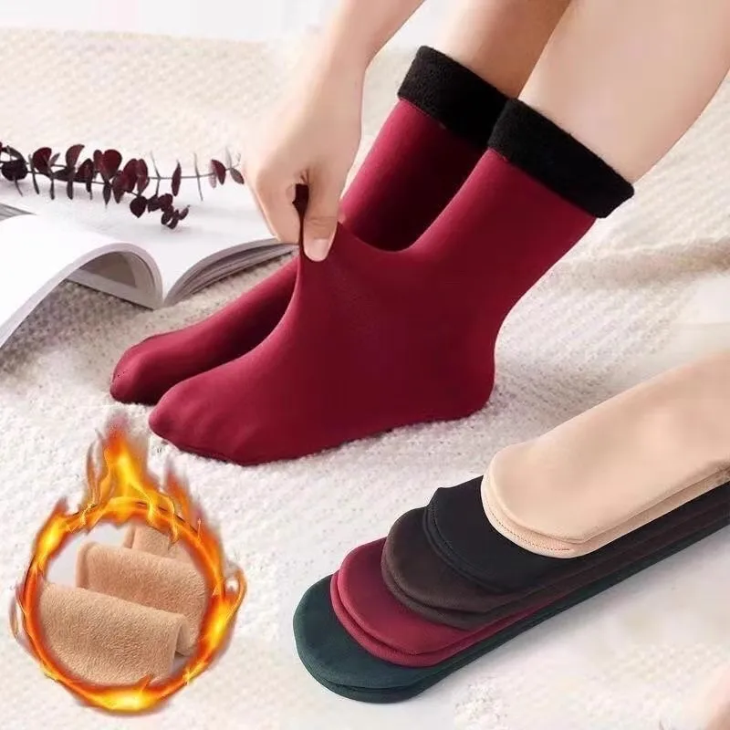 5Pairs Winter Fleece Lined Socks Women's Boots Thermal Cashmere Warm Solid Socks for Female Home Thicken Floor Cotton Ankle Sock