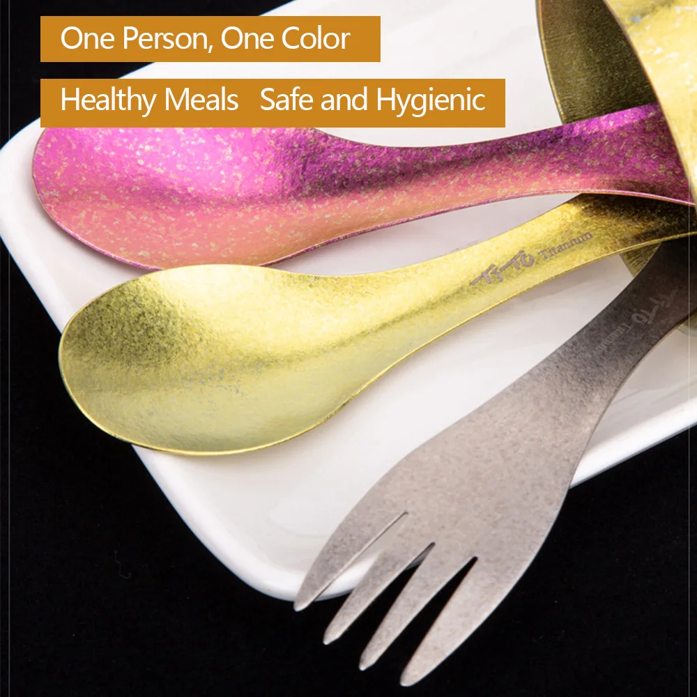 1/2 قطعة المحمولة التيتانيوم النقي سبورك 2 في 1 ملعقة خفيفة أطباق في الهواء الطلق التخييم نزهة التنزه السفر صديقة للبيئة تجهيزات المطابخ #4