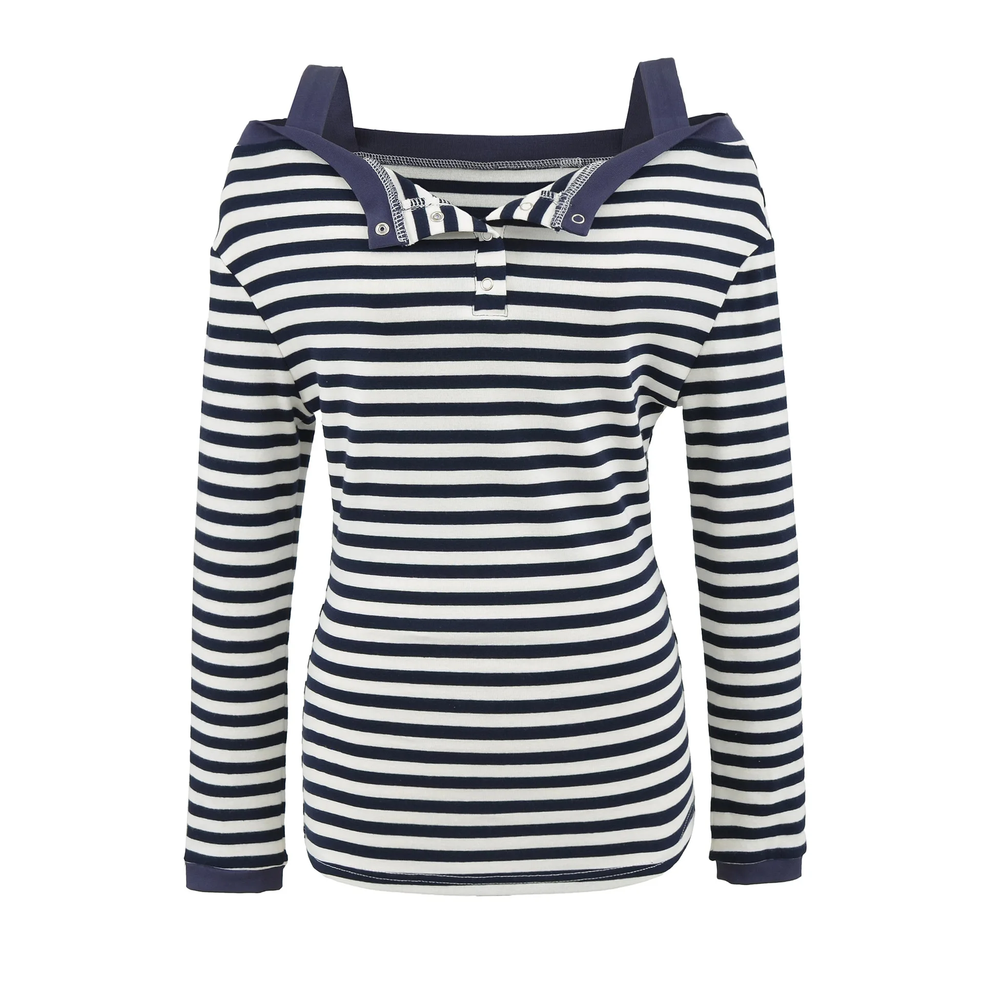 Striped Sweet and Spicy Off-Shoulder Two-Way Wear Long Sleeve T-Shirt for Women Slimming Casual Lazy Style Top   XID0