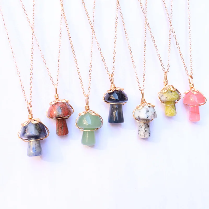 

12pcs Natural Gem Agates Stone Wire Wrap Mushroom Pendant Quartz Crystal Gold Collar Women Jewelry Necklaces Wholesale