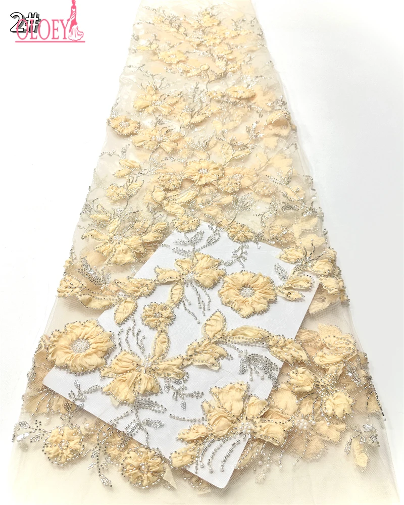 OLOEY Kain Renda Pesta Nigeria dengan Payet dan Manik-manik Afrika Berkualitas Tinggi 5 Yard Kain Tulle Prancis Afrika untuk Pesta Pernikahan