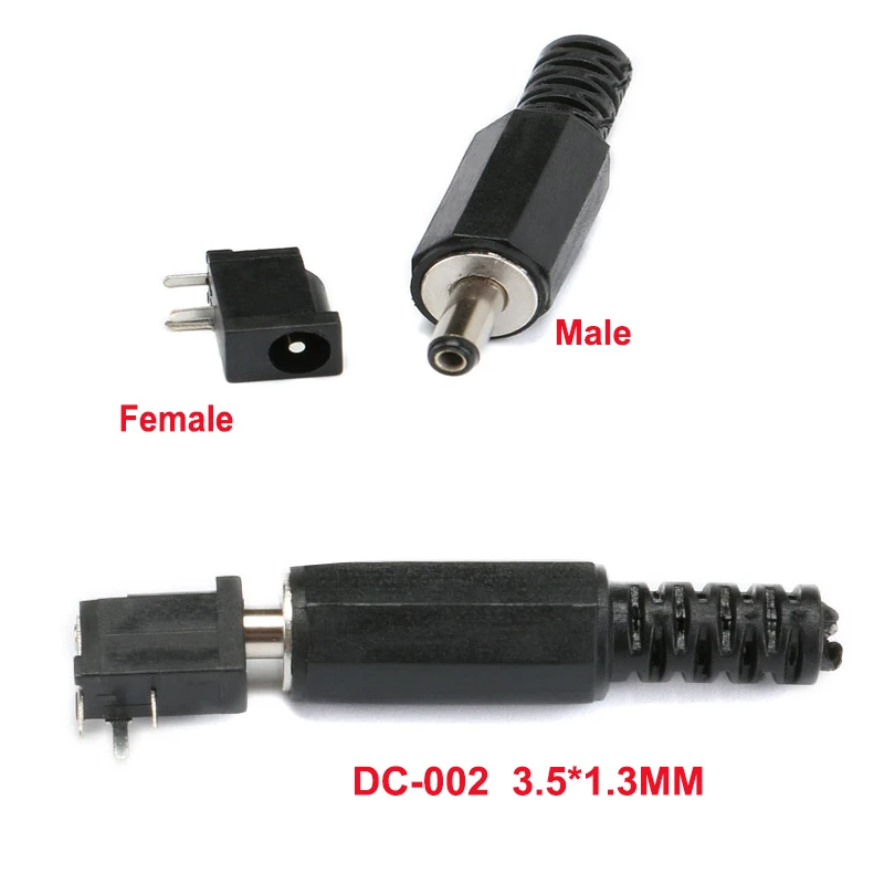 10Pair  DC Power Jack Socket Connector DC-002 3.5*1.3mm DC002 Female Mini Socket+ 3.5x1.3mm DC Male Plug 1A 30V Black Conector