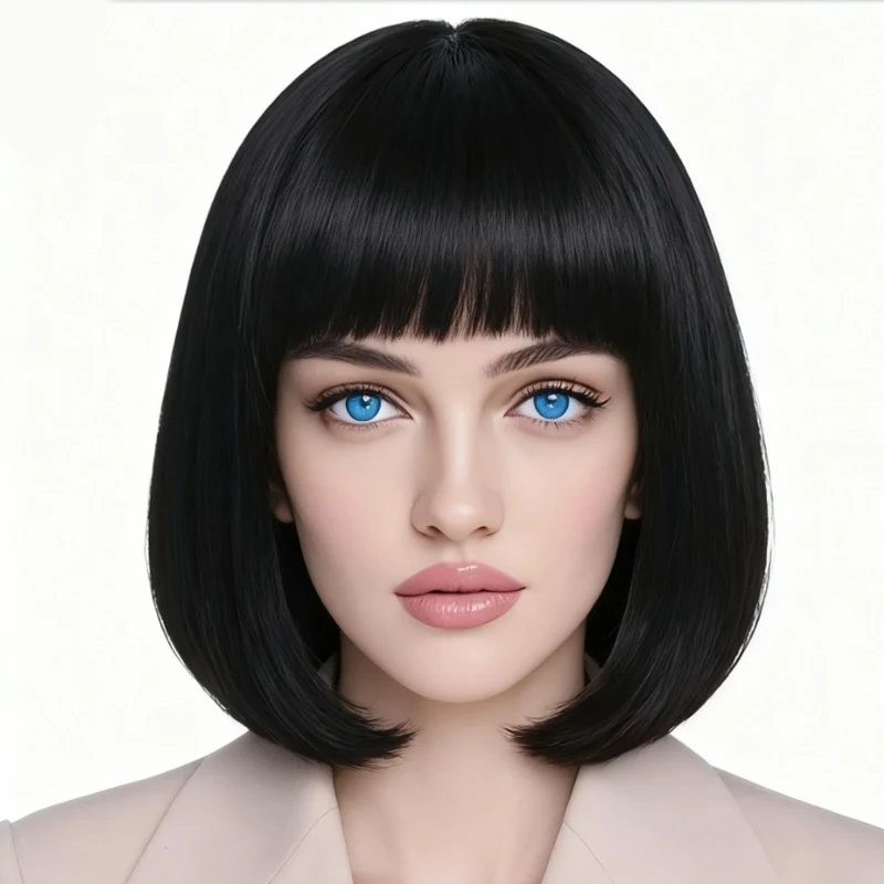 12 inch black straight synthetic wig with bangs for fashionable styling, suitable for daily use at female role-playing parties