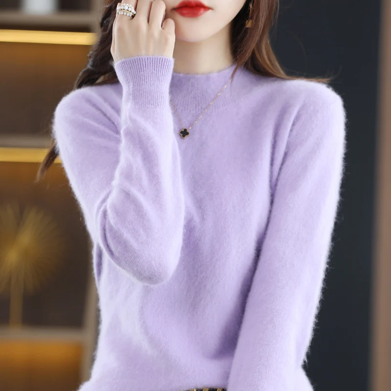 Autumn and Winter New 100% Mink Cashmere Women\'s Sweater Half High Collar Pullover Casual Knitting Korean Loose Fashion Top