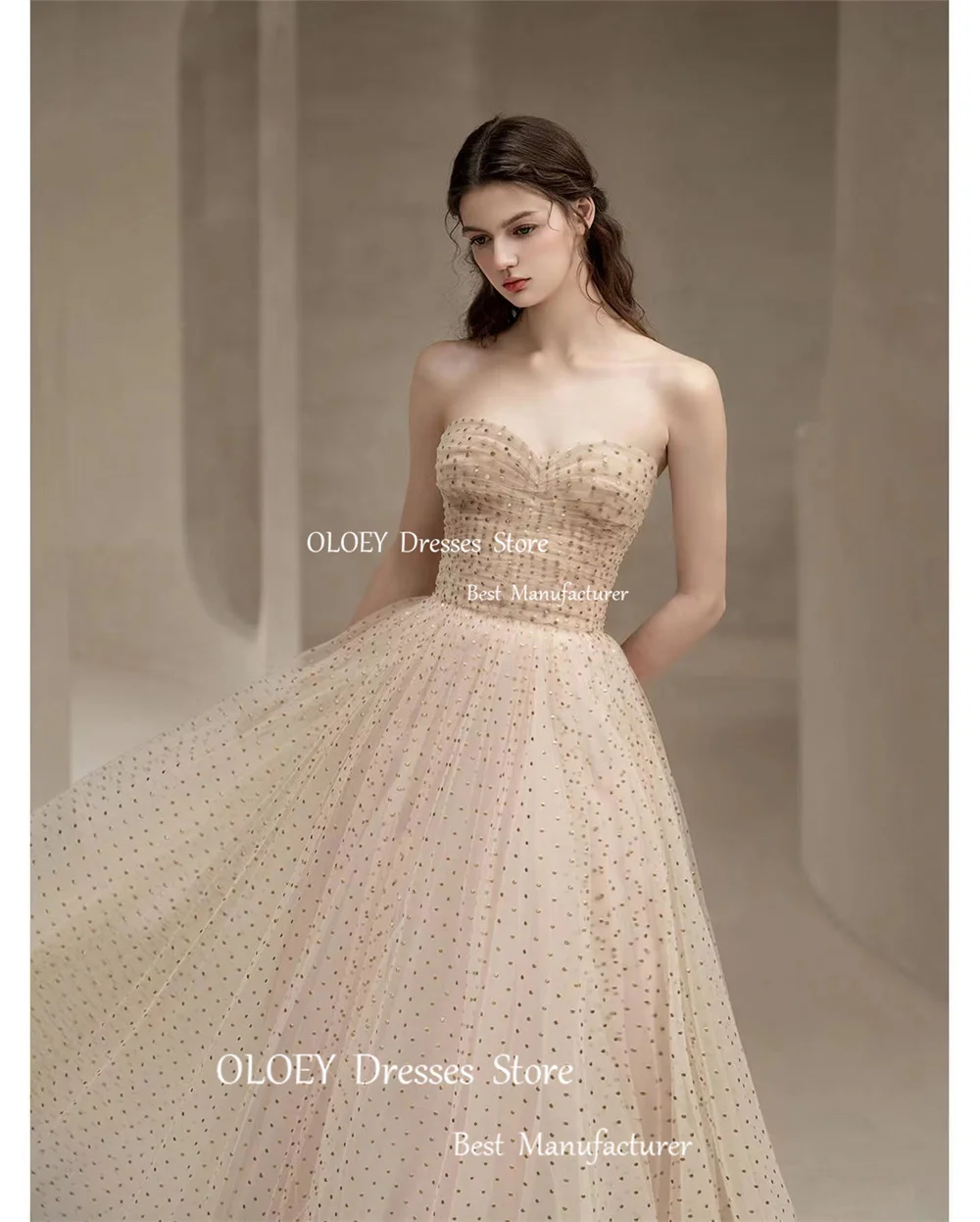 OLOEY Fancy a-line Shiny Tulle senza spalline abiti da sposa coreano servizio fotografico corsetto senza maniche lunghezza del pavimento abiti da sposa principessa