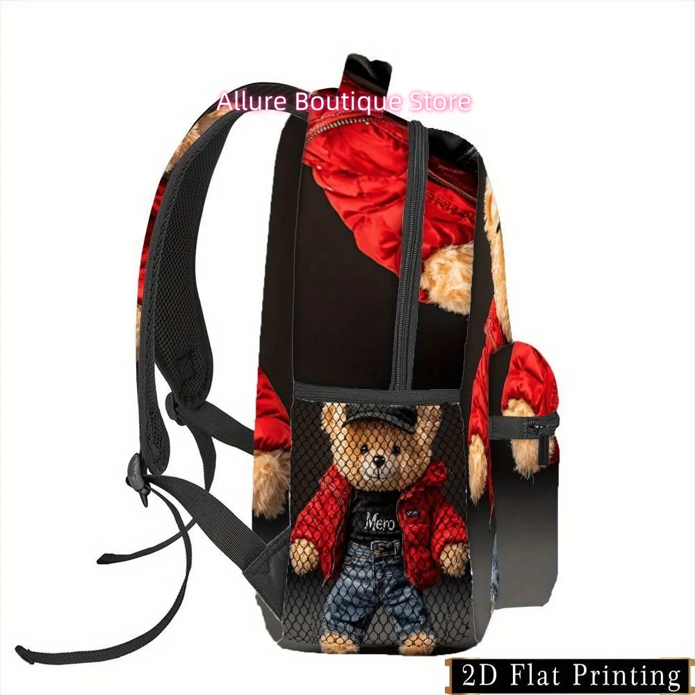 1pc Teddy Bear Print Zipper Backpack with Hand Wash Design, Multi-Use Commute Fitness Travel Shopping Camping Streetwear Pattern