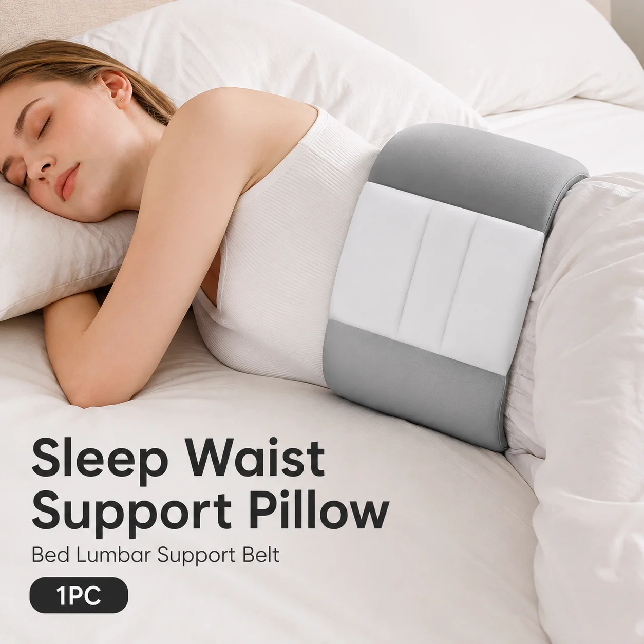 Sleeping Lumbar Support Pillow Gray Polyester Soft Waist Cushion Wraparound Design for Back Side Sleepers Home Bedroom Use