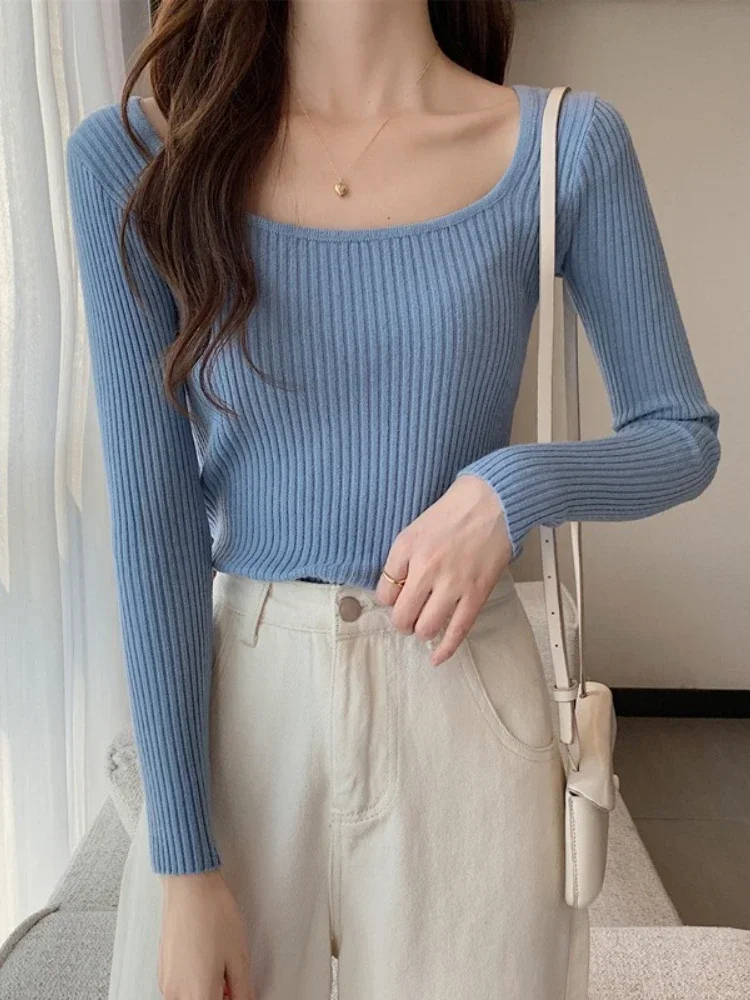 الخريف الشتاء طويلة الأكمام قاعدة طبقة القمم المرأة الأساسية الصلبة ساحة الرقبة البلوفرات عالية الجودة سليم صالح عادية محبوك سترة