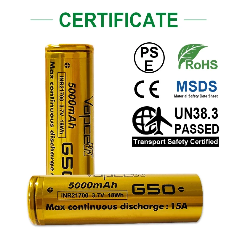 New Original Vapcell INR21700 Battery G50 5000MAH 15A Lithium Battery Big Capacity Rechargable Li-ion Cell for Child Game Car