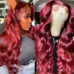 Perruque Lace Front Wig Body Wave Brésilienne Remy Naturelle, Cheveux Humains, Couleur Rouge Bordeaux 99J, 13x4 HD, Pre-Plucked, pour Femme