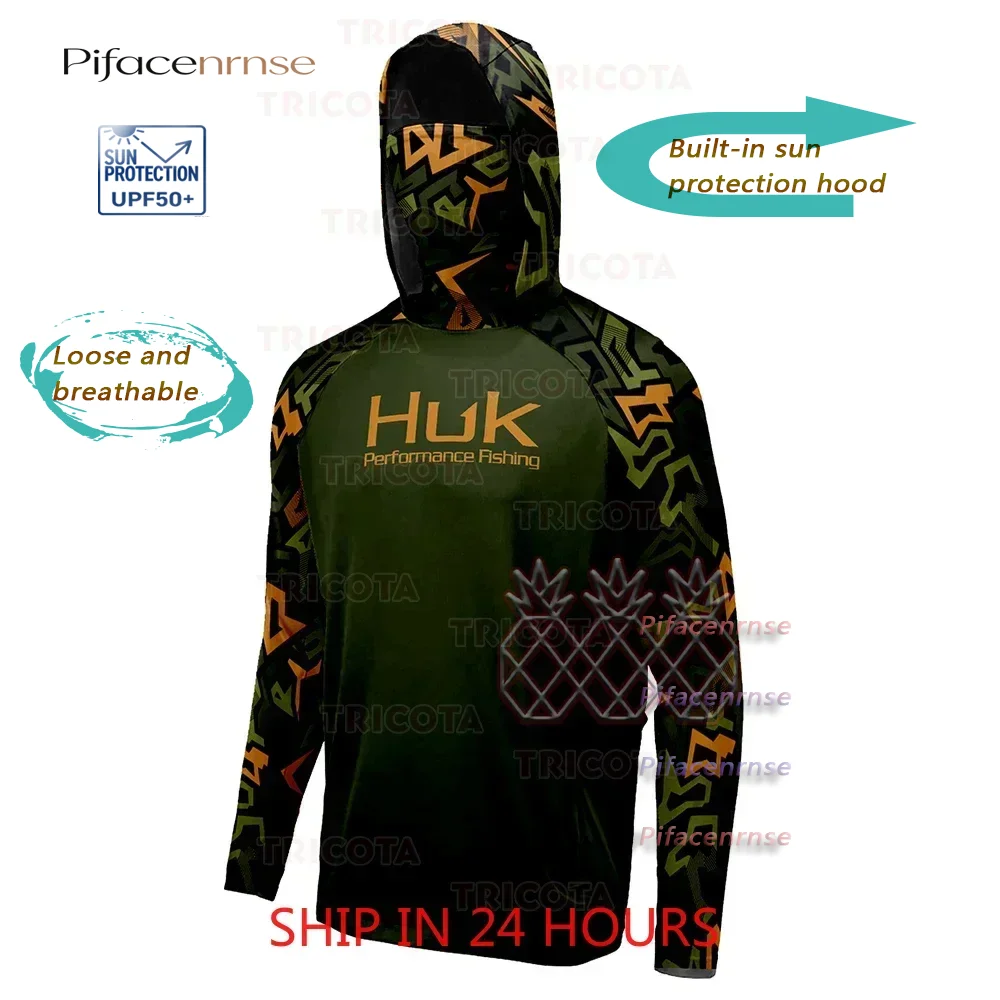 HUK Fishing Shirts Summer Long Sleeve Face Mask Fishing Hooded Shirt UPF50+ Breathable Performance Fishing Clothes Camisa Pesca