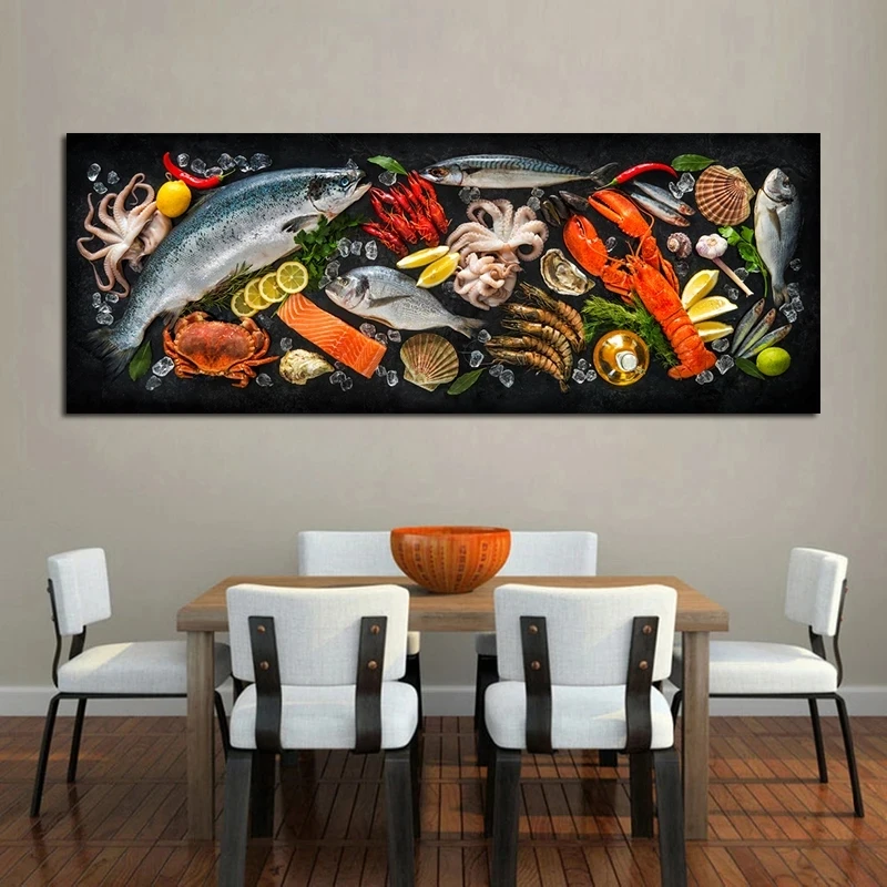 Wandkunst-Dekor mit Küchenthema, Fische und Meeresfrüchte im Tisch, Leinwandgemälde, Poster und Drucke, Bilder für Esszimmer, Cuadros