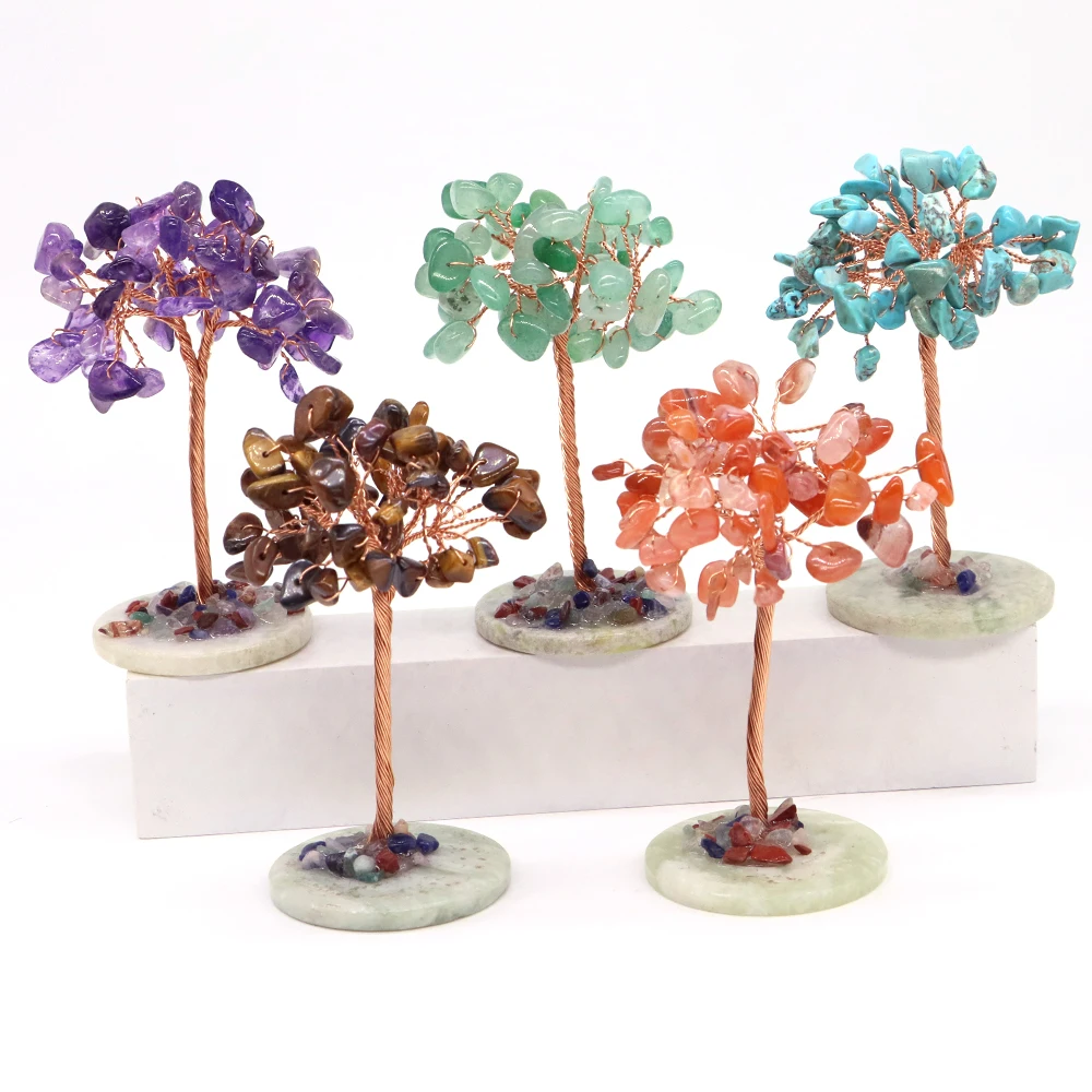 80mm Mini Crystal Money Tree Copper Wire Wrapped W/ Agate Slice Base Healing Gemstone Yoga Feng Shui Lucky Trees Home Decor Gift