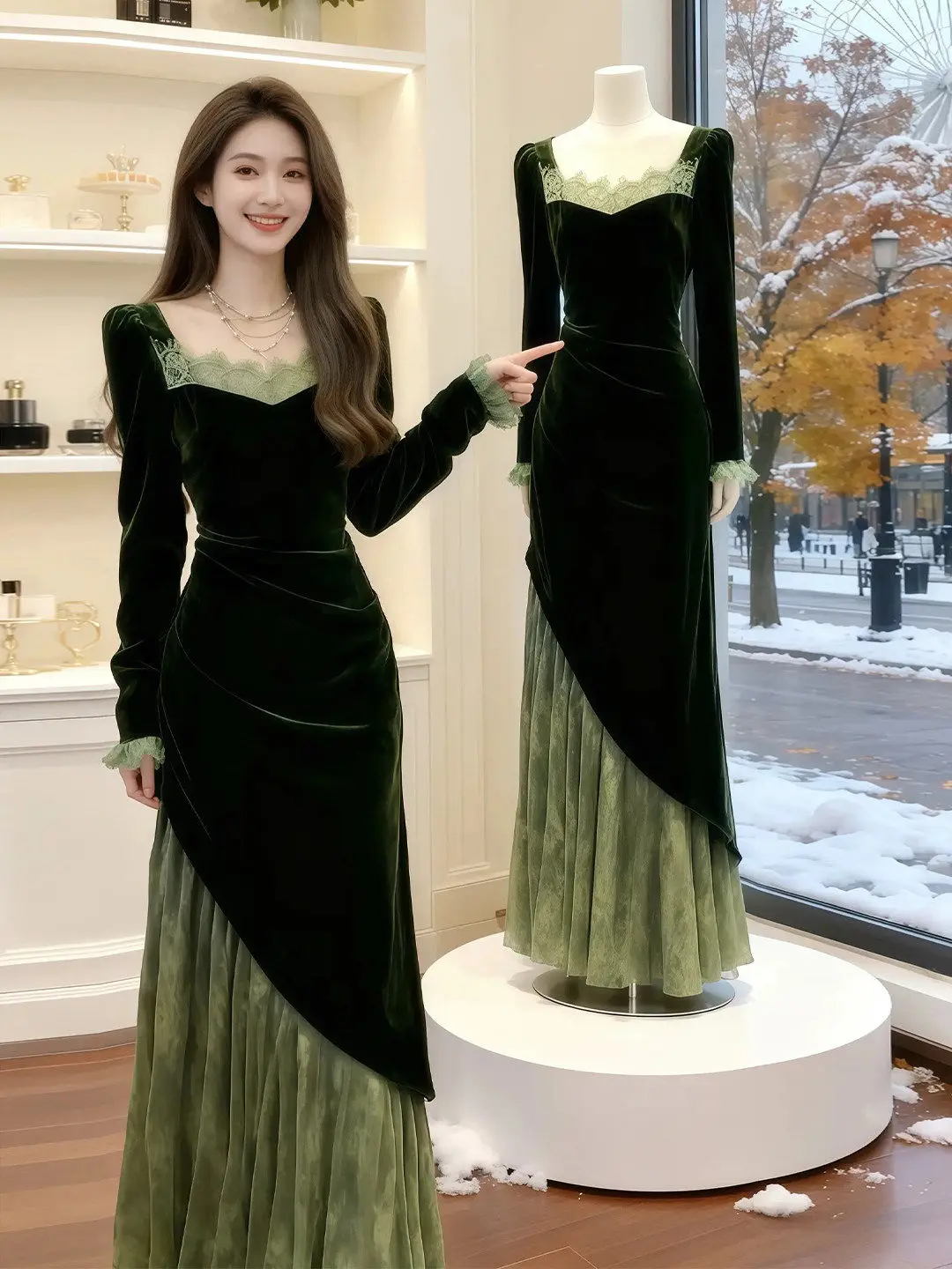 

Ретро-платье из бархата с кружевными вставками, элитное, красивое, бальное, вечернее, зимнее 2025, с длинными рукавами, мягкое, комфортное, А-силуэт