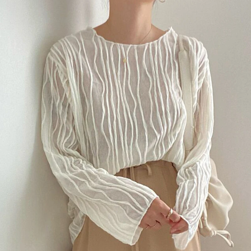 

Ele round Ne Long Sve irt Women's Loose Fit Translucent Korean Sle Commute Pure Color Casual Top