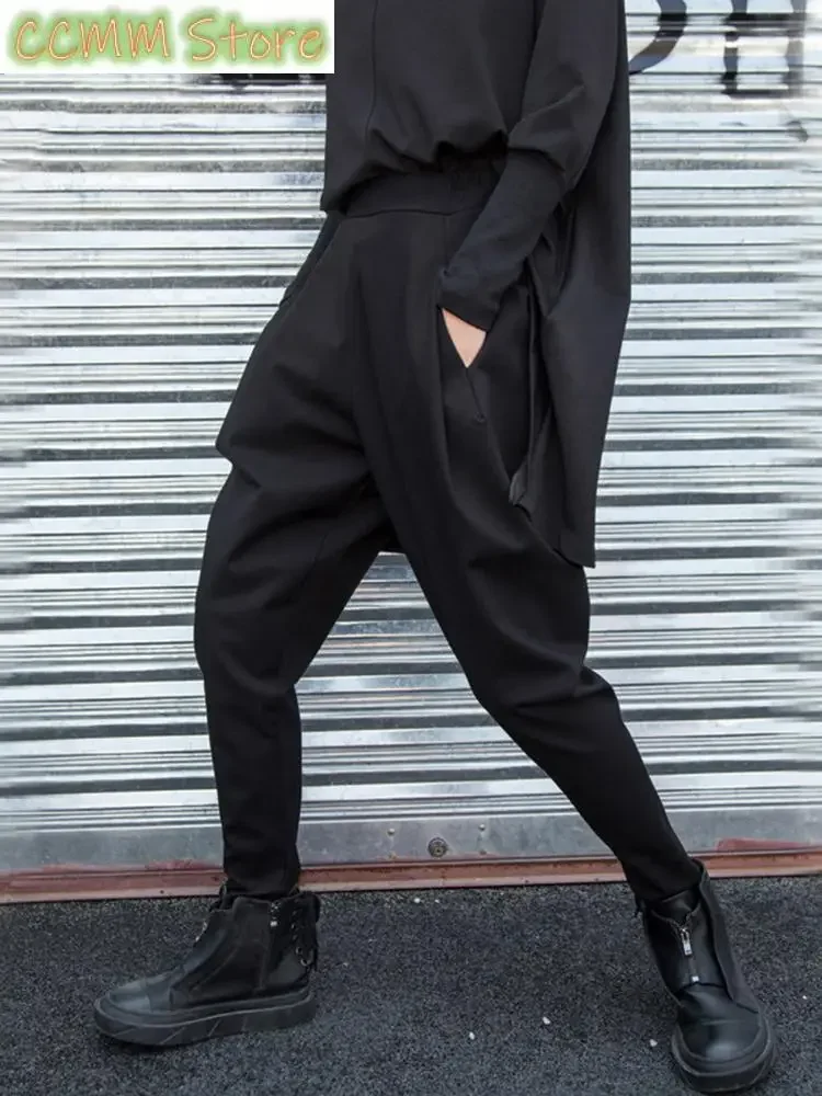High Elastic Waist Black Split Joint Long Harem Trousers Loose Fit Pants Women Fashion Tide Spring Autumn