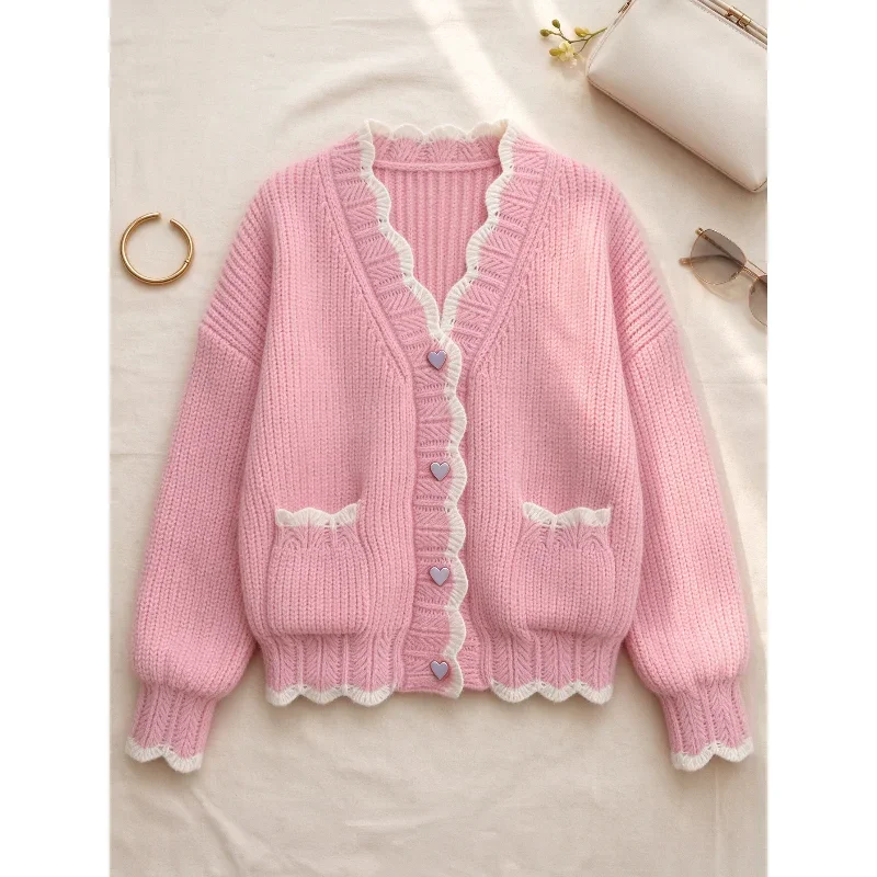 Fall Women V Neck Wavy Edge Knit Cardigan, Heart Button Color Block Loose Long Sleeve Sweater Coat with Pockets Casual Outerwear