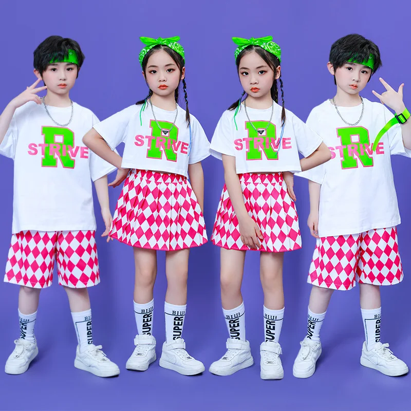 Children's Cheerleading Dance Performance Costumes Boys Sports Day Team Suit Girls Class White Printed Top Red Plaid Pants