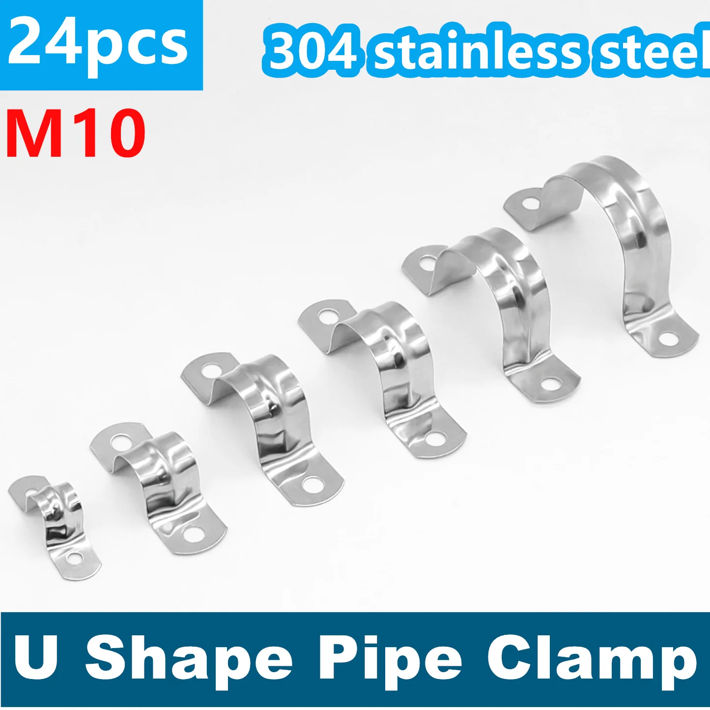 24pcs 304 Stainless Steel U Shape Pipe Clamp M10 Two Hole U-Tube Strap Clamp Hose Clip Water Pipe Brackets Plumbing Saddle Clamp