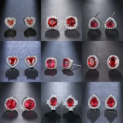 JMK Fashion Ruby Red Stone Cubic Zircon Silver Plated Stud Earrings For Women Bridal Wedding Jewelry Party Accessories Gift