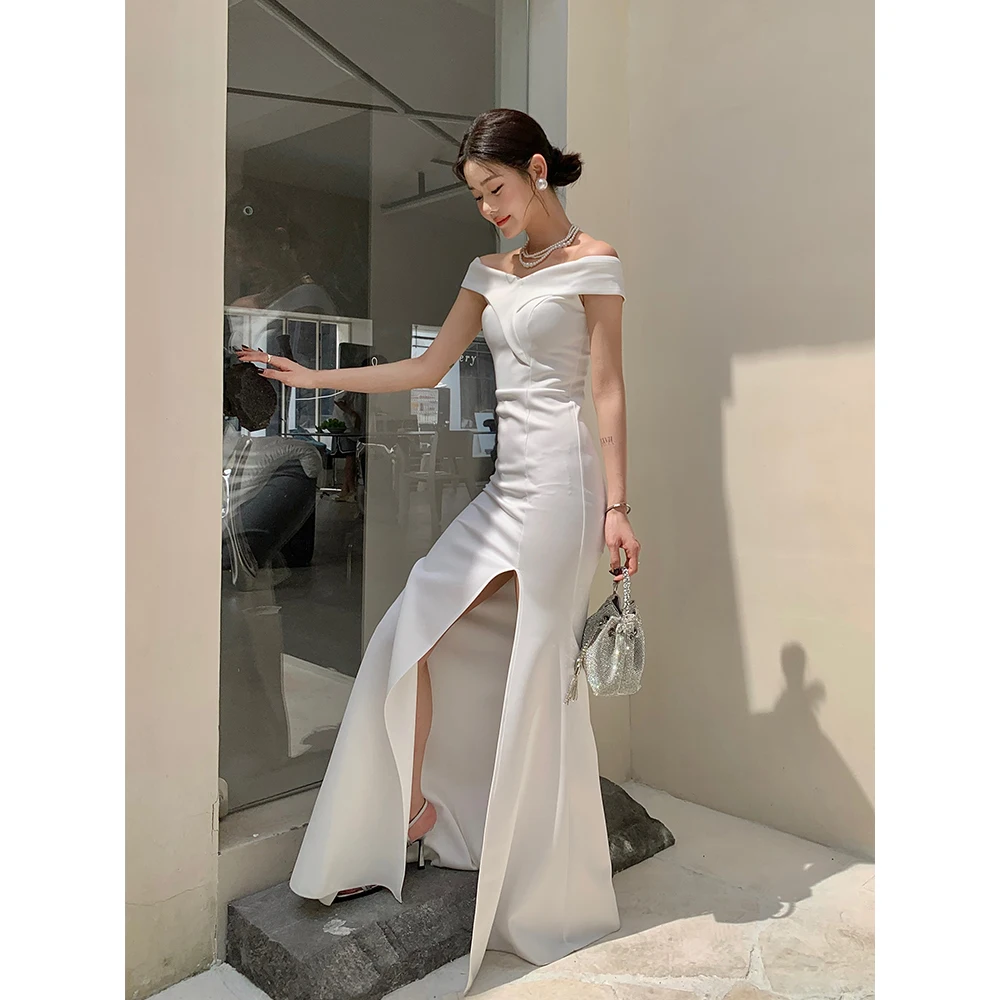 DSP Off Shoulder Satin Dress for Prom 2024 Mermaid Slit Formal Dress Women's Wedding Party Dresses