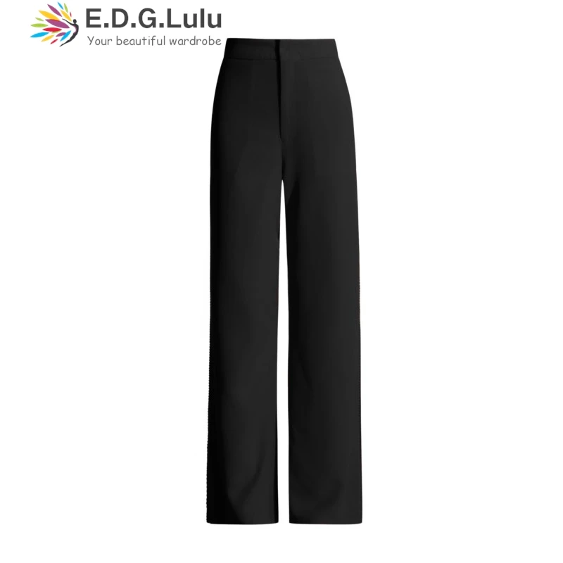 EDGLuLu Elegant High Waist Straight Leg Pants Women Design Luxury Rhinestone Side Splicing Formal Long Suit Trousers 0416