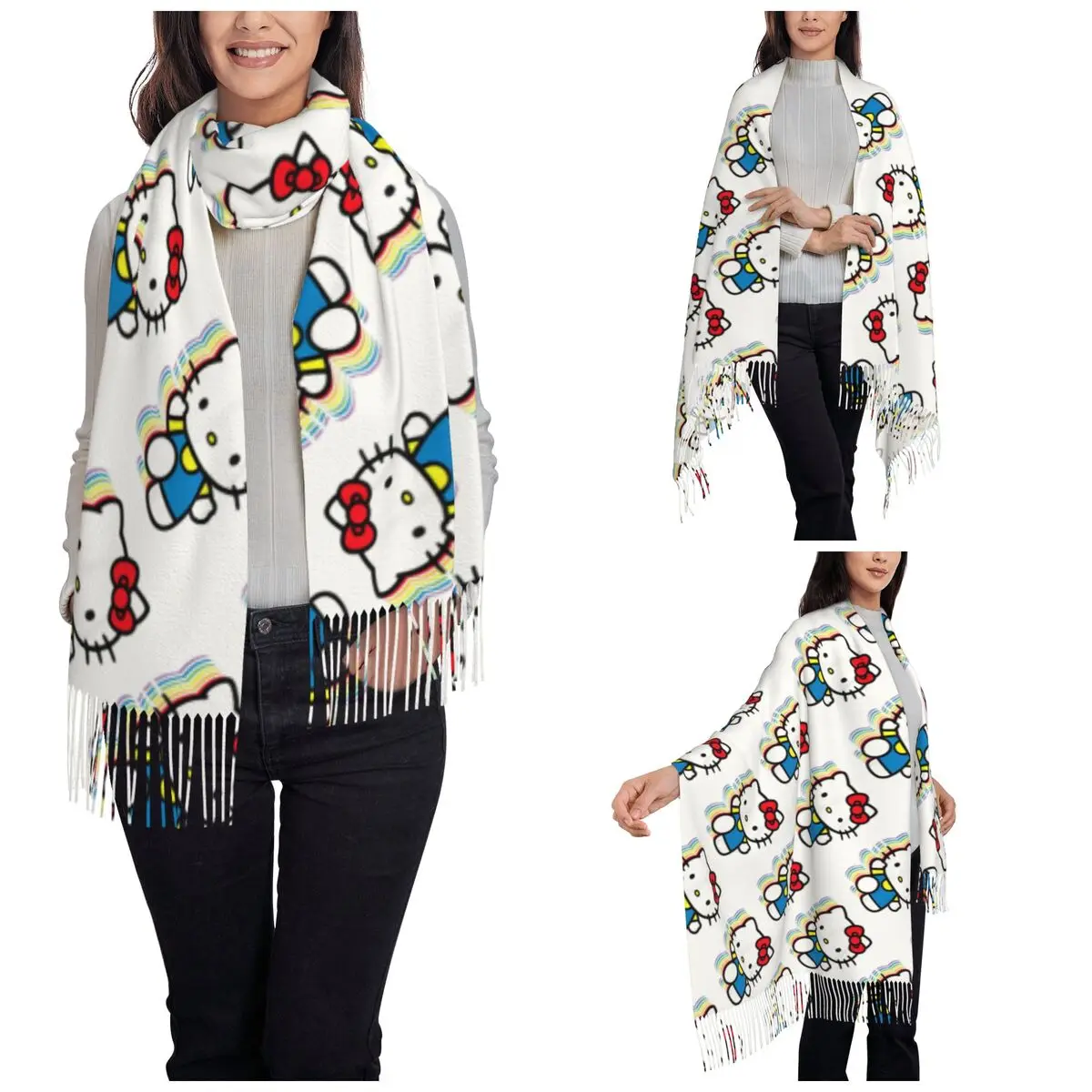 Womens Tassel Scarf Hello Kitty Rainbow Long Winter Warm Shawl Wrap Japanese Cartoon Gifts Pashmina Scarves