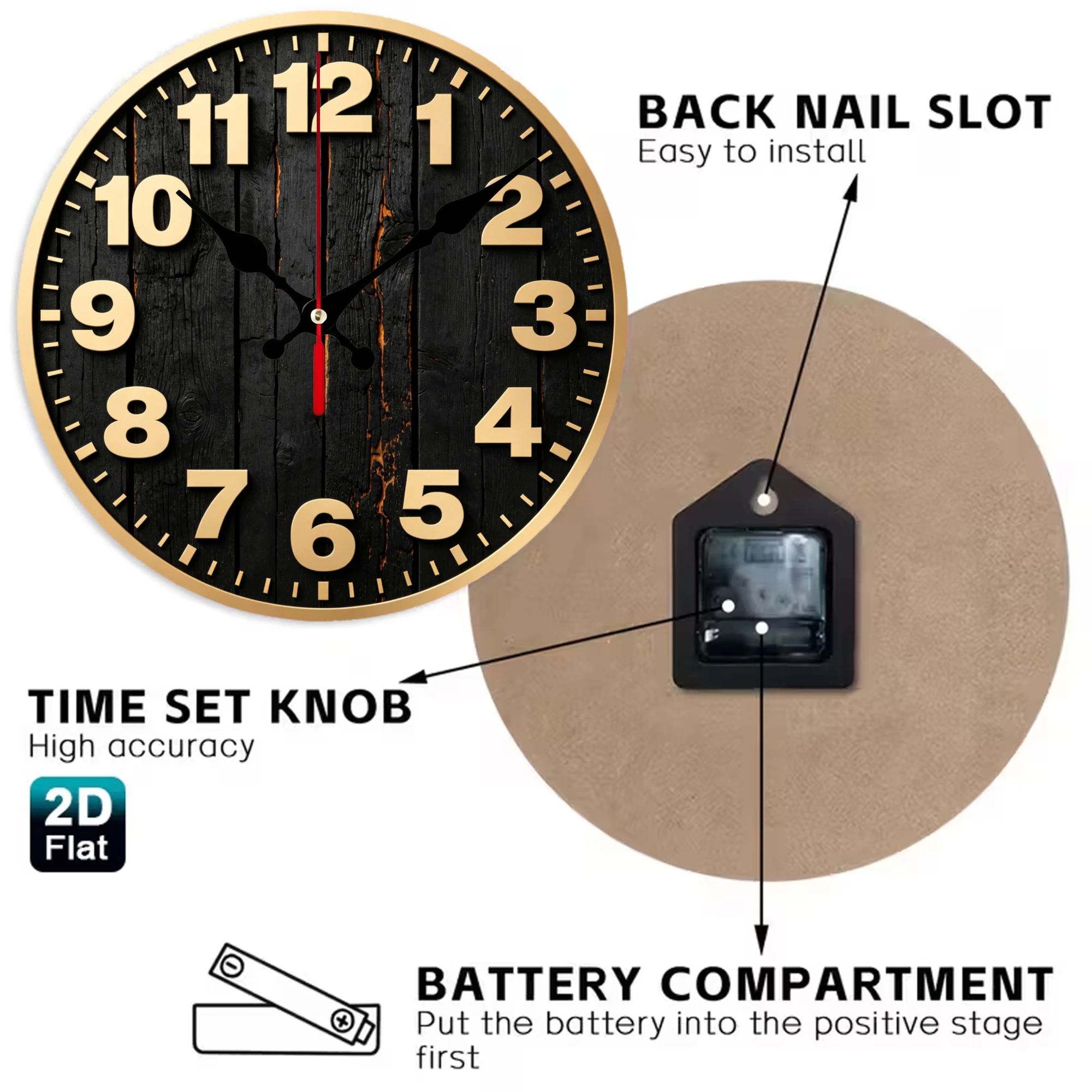 Charred Wood Wooden Wall Clock, Silent Non Ticking Quartz Movement, 10/12 Inch Round Wood Clock for Home Decor, Living Room Bedroom Wall Decoration