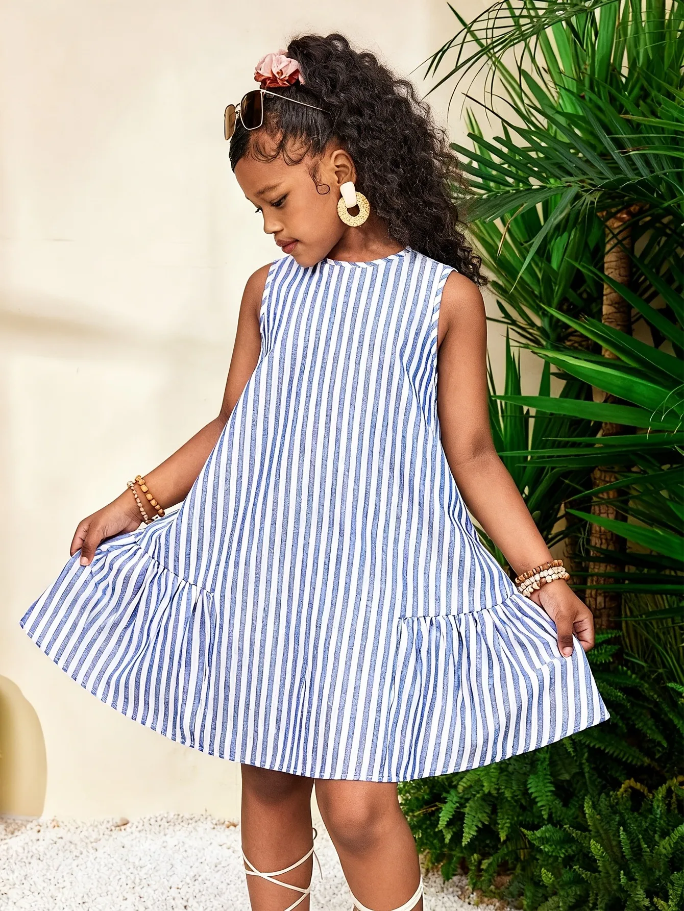 Kids Girls Blue White Vertical Stripe Sundress, Sleeveless Round Neck Loose A Line Ruffle Hem Summer Casual Dress