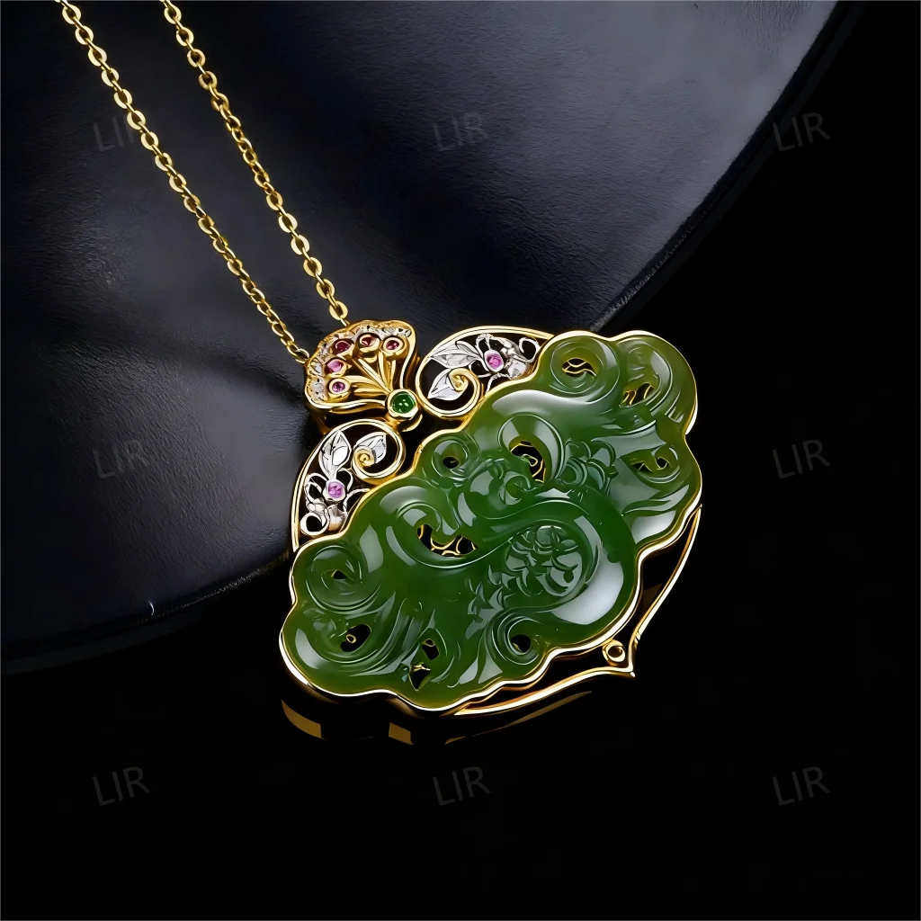 قلادة LIR S925 من الفضة: قلادة تخريمية مجوفة من اليشم الهيتي الطبيعي "Jade Phoenix". |   الحظ الوظيفي + شهادة المجوهرات