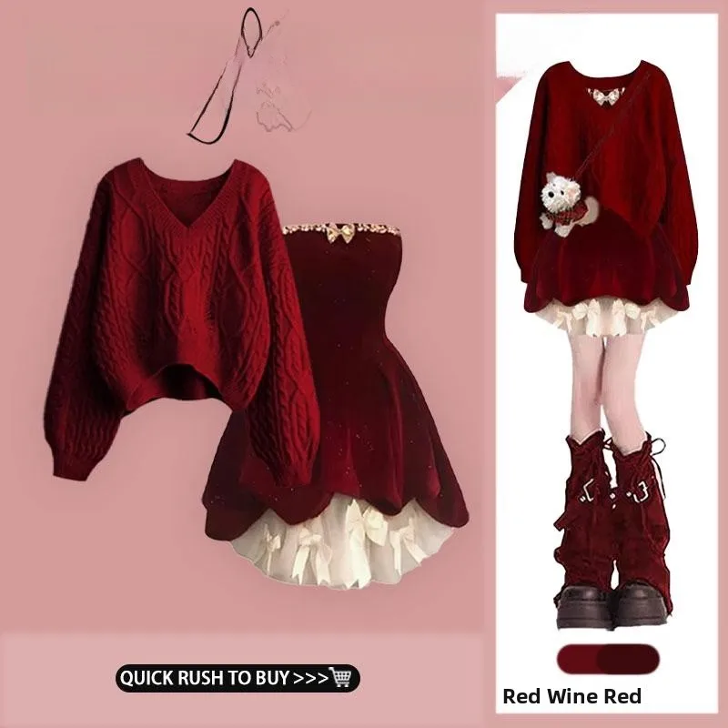 

Женский красный свитер с V-образным вырезом и платье: новый осенне-зимний комплект из вязаного топа с узором косы и платья из двух частей