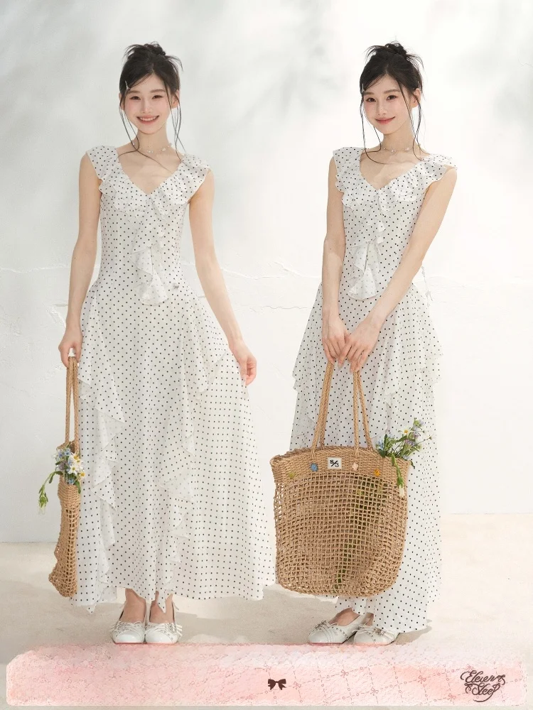 

ELEVEN SP Summer Polka Dot Dress Women's Slimming Waist Design Irregular Long Skirt Bell Sleeve High Waist Polyester Fiber