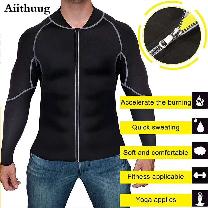 Aiithuug-traje de Sauna de neopreno para hombre, camisa de entrenamiento para pérdida de peso, moldeador de cuerpo, chaqueta de Fitness, Top de gimnasio, ropa moldeadora de manga larga