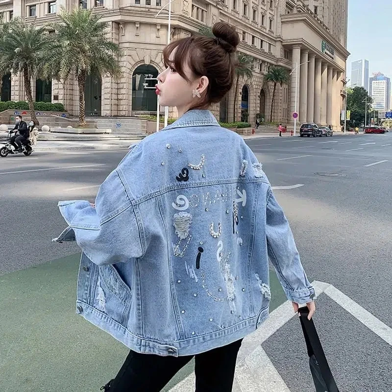 Hot Drilling Jeans Jackets Women's Overcoat Spring Autumn 2026 New Korean Hole Loose BF Joker Denim Jacket Outwear Tops
