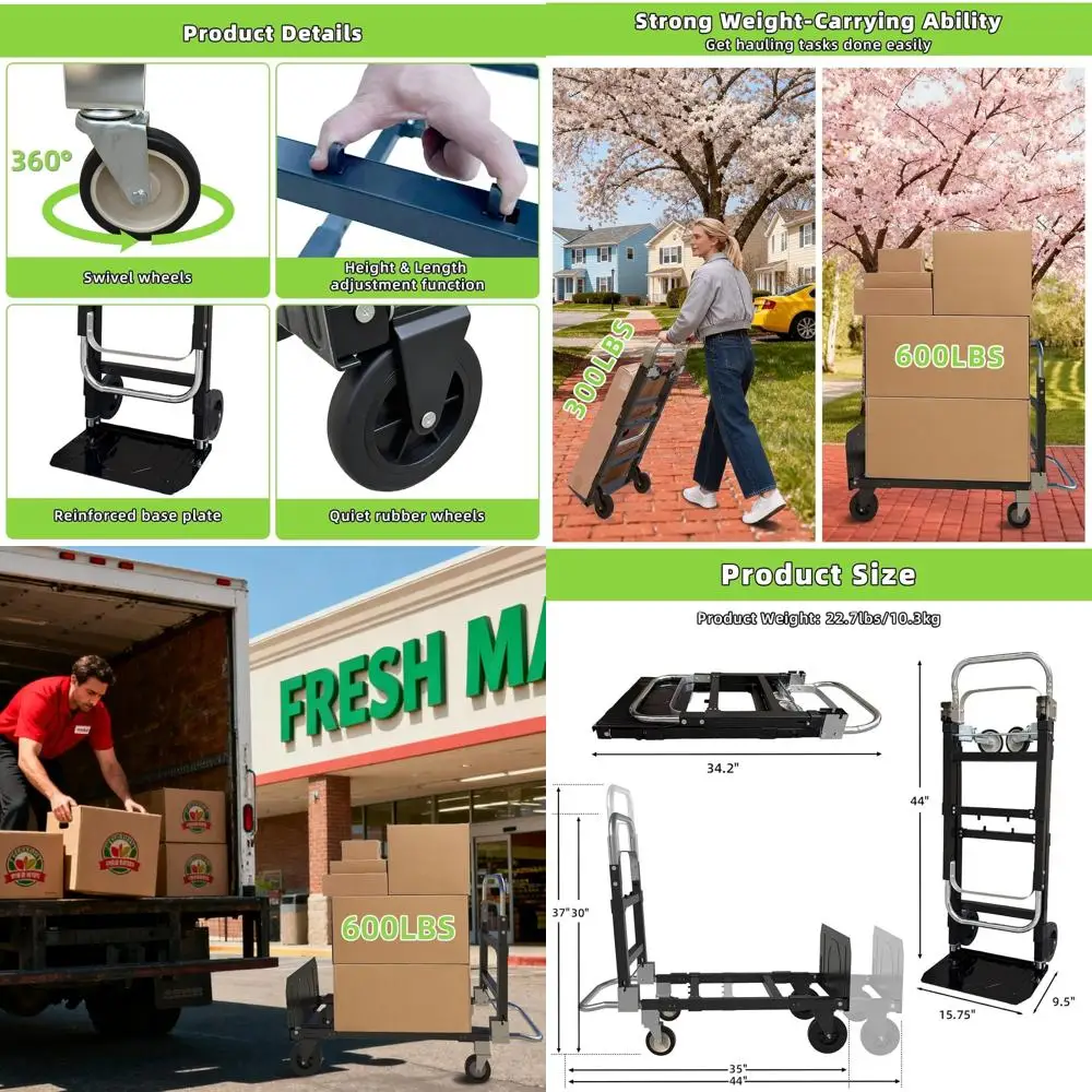 Carrinho utilitário dobrável 3 em 1, carga de 600 libras, carrinho dobrável durável com alça telescópica e 4 rodas de borracha para casa, fora