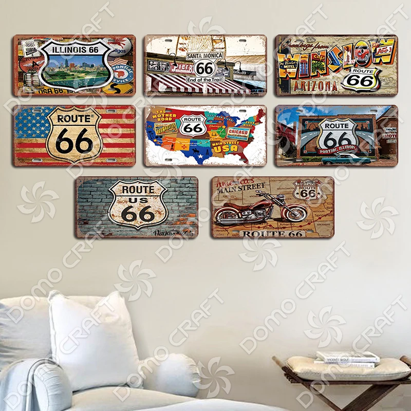 Route 66 License Plate Metal Tin Signs Vintage Motorcycle Car Metal Poster Wall Decor for Garage Bar Pub Moto Club