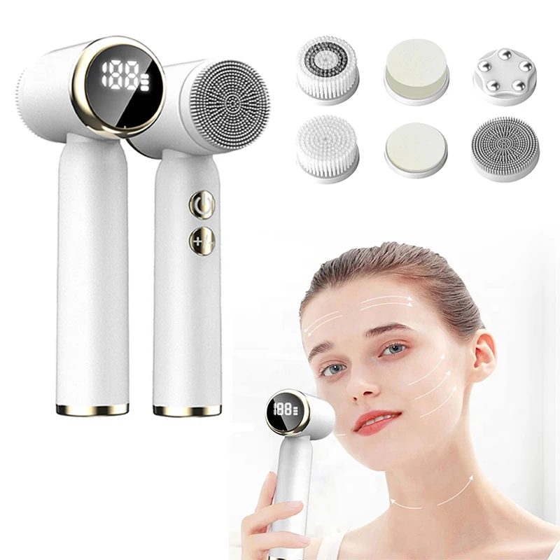 6 Heads Portable LED Display Silicone Face Wash Pore Cleaner Blackhead Acne Remover Waterproof Sonic Facial Cleansing Brush