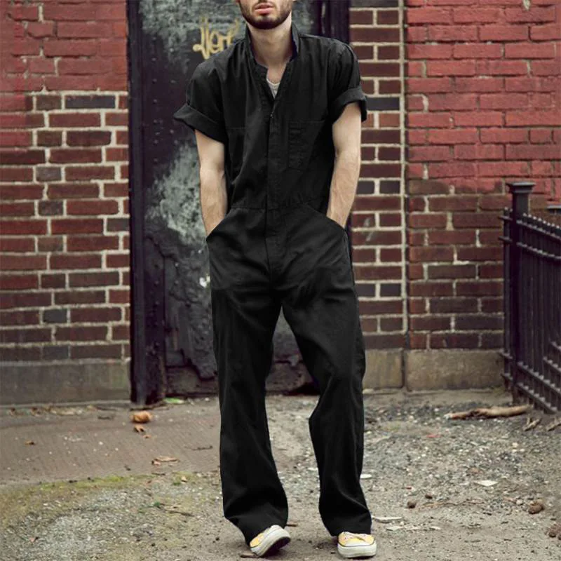 Men's Summer Short Sleeve Zipper Work Pants High Waist Straight Leg Pure Color Overalls British Style Casual Pants