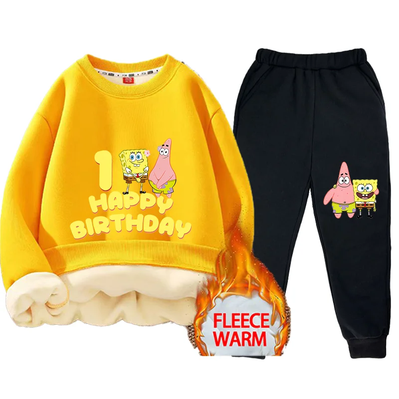 SpongeBob SquarePants Kawaii Clothes Girls Casual Long-sleeves Thick Sweatshirt and Long Pants Sets Autumn Winter Styles Suits