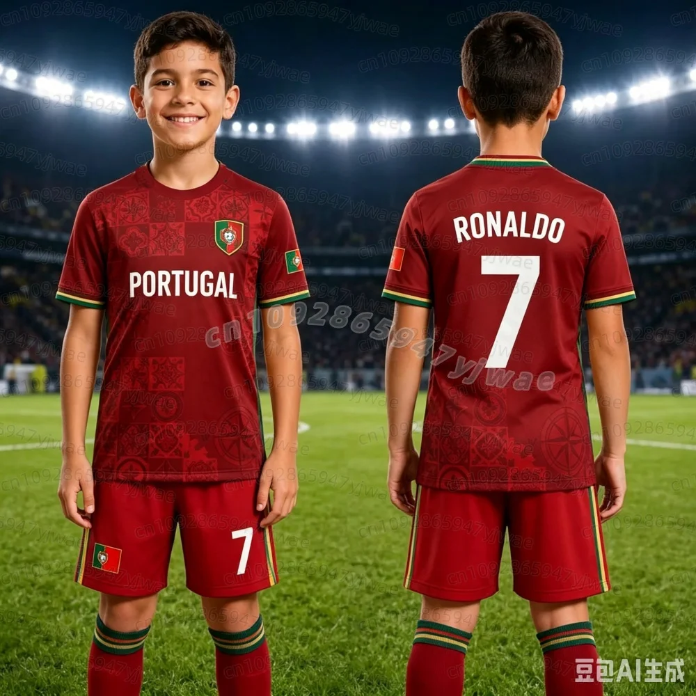 26 Sommer Jungen Ronaldo Nr. 7 Fußballtrikot T-Shirt Shorts Set Damen Herren PORTUGAL Fan-Shirt Shorts Set Kinder Trainingsanzug 2-teiliges Set – Detail 11